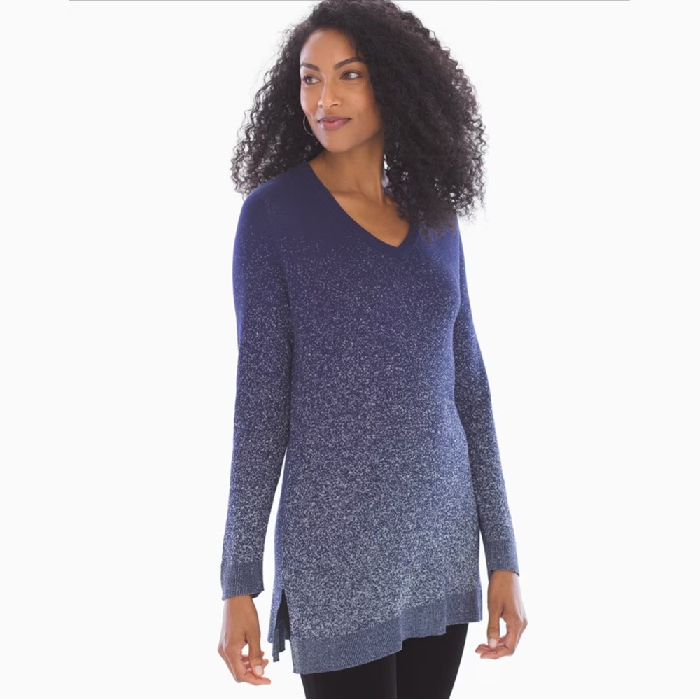 Soma Lurex V-Neck Sweater Tunic Galaxy Blue Silver Sparkles Long Sleeve Medium